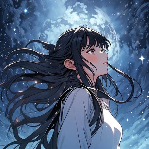漫蛙品牌插画：星空下的长发女孩，夜景画风